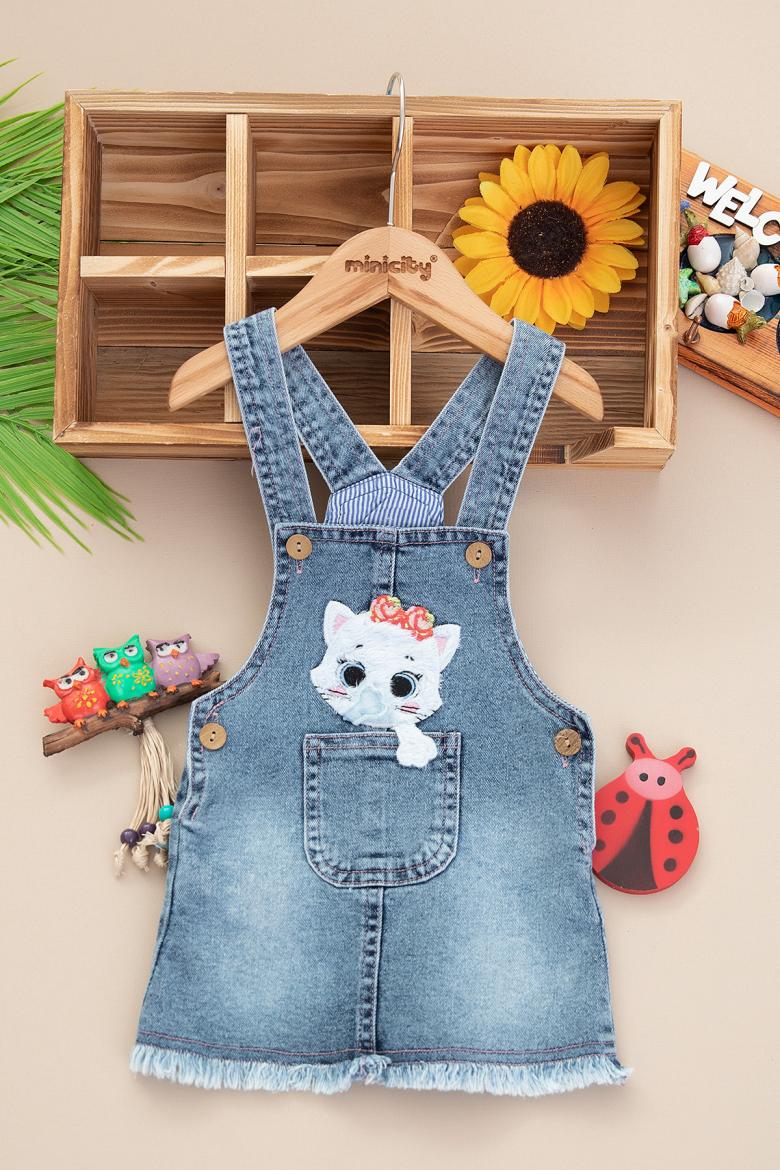 Kız Bebek Kedi Nakışlı Kot Etek Salopet - 3232 (9-24 Ay)