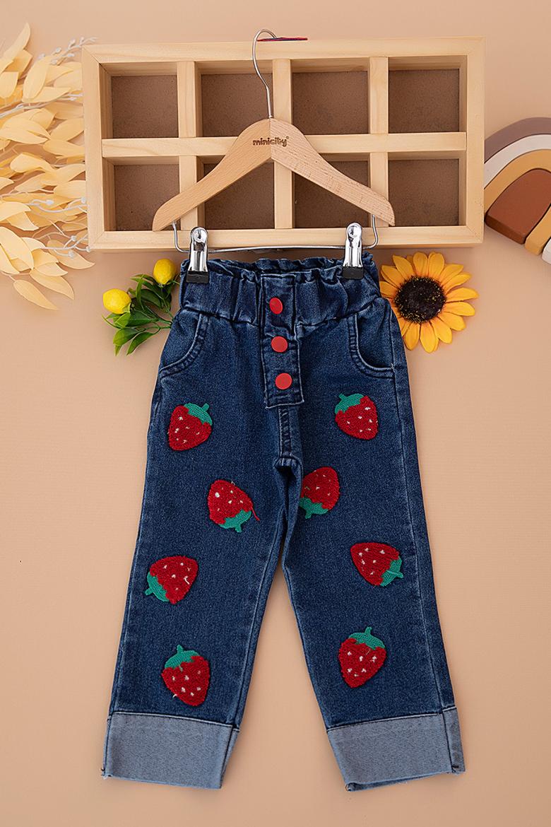 Kız Çocuk Çilek Nakışlı Düğmeli Kot Pantolon (2-8 Yaş)